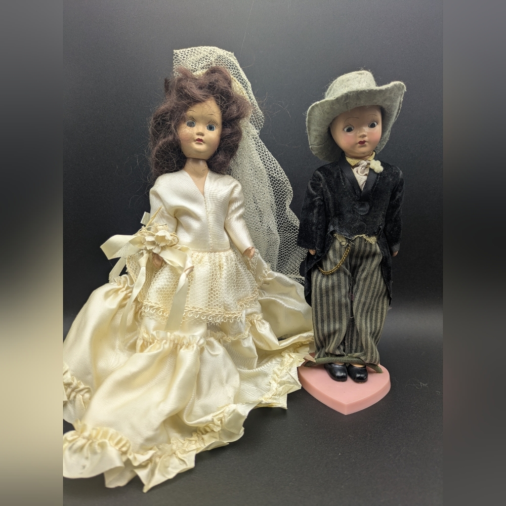 Vintage 1940's - 50's Bride & Groom Dolls Sleepy Eyes Close w/ Heart Stands Lot